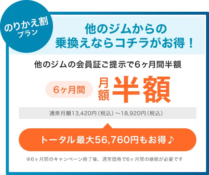 のりかえ割プラン 他のジムからの乗換えならコチラがお得！6ヶ月間月額半額