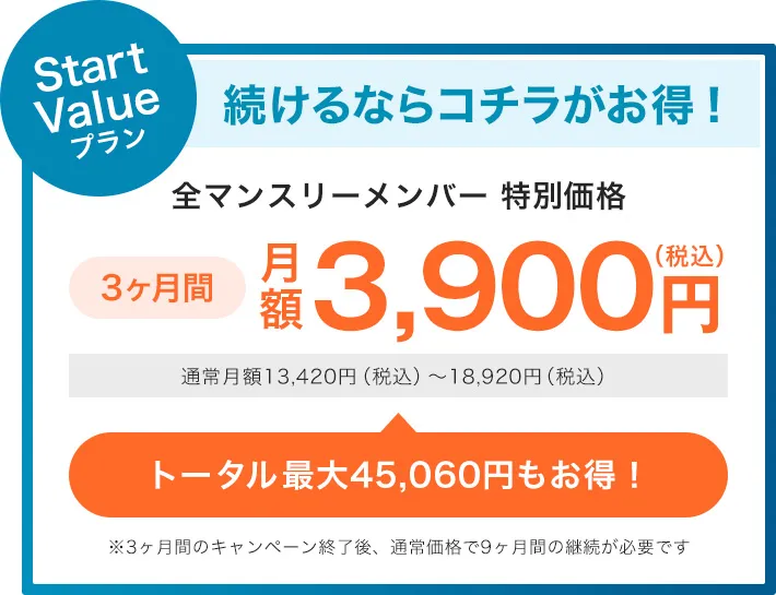 Start Valueプラン 続けるならコチラがお得！3ヶ月間月額3,900円